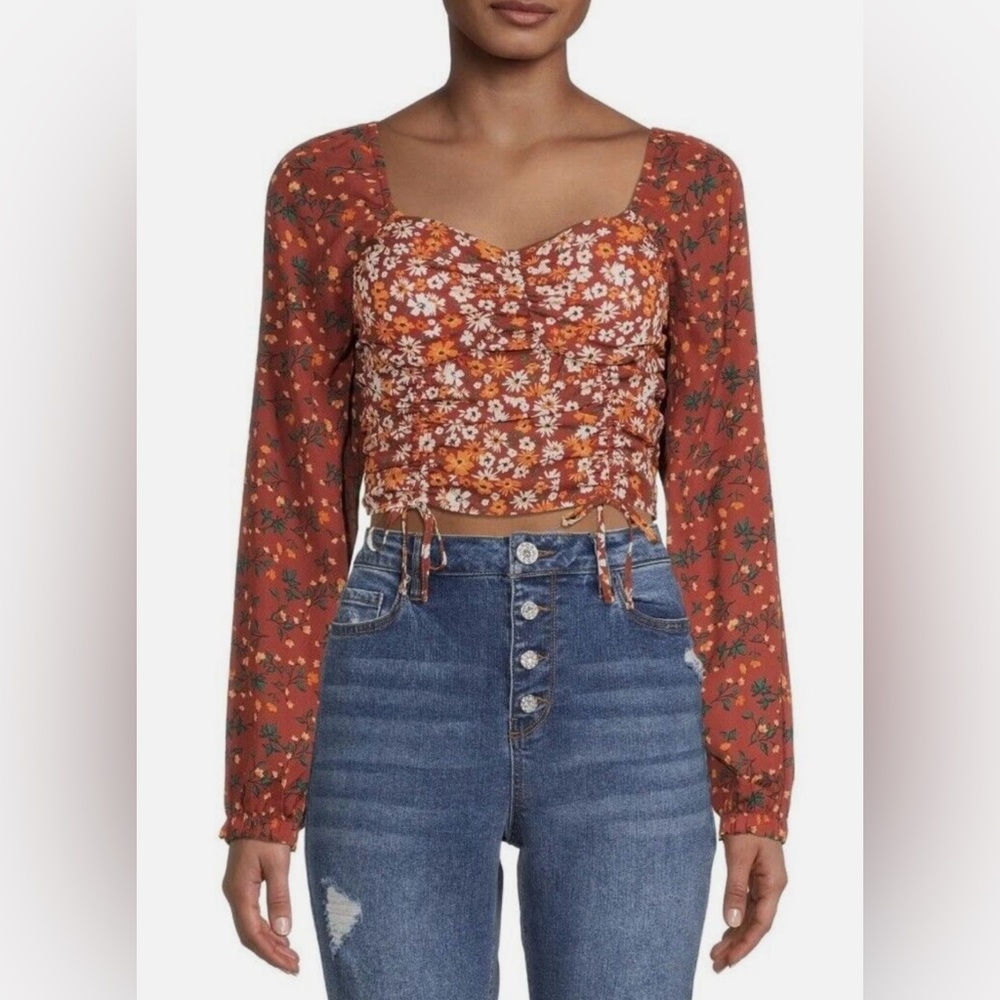 Madden NYC Floral Shirred Print Peasant Top Size Large Bohemian Cottagecore - Picture 8 of 10